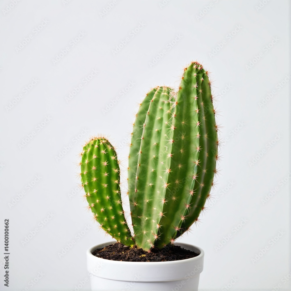Two Green Cactus Plants Thriving Together in a Small White Pot, Displayed Against a Simple Background. Two Green Cactus Plants Thriving Together in a Small White Pot, Displayed Against a Simple Background.