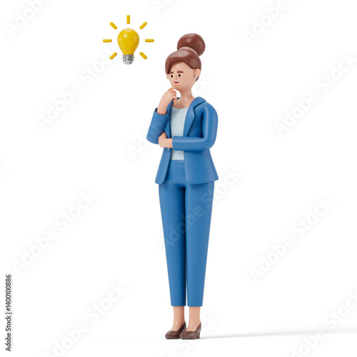 A woman contemplates with a glowing lightbulb above his head, symbolizing a bright idea or inspiration. 3D rendering, conceptual image. Isolated on white background.