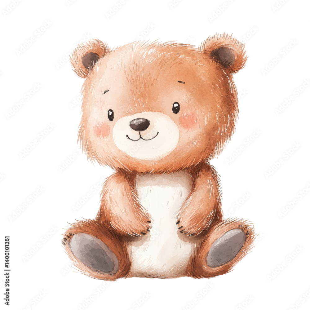 Fototapeta premium Cute baby bear cartoon sitting with a sweet smile, perfect for nursery prints, kids' designs, and playful decorations.