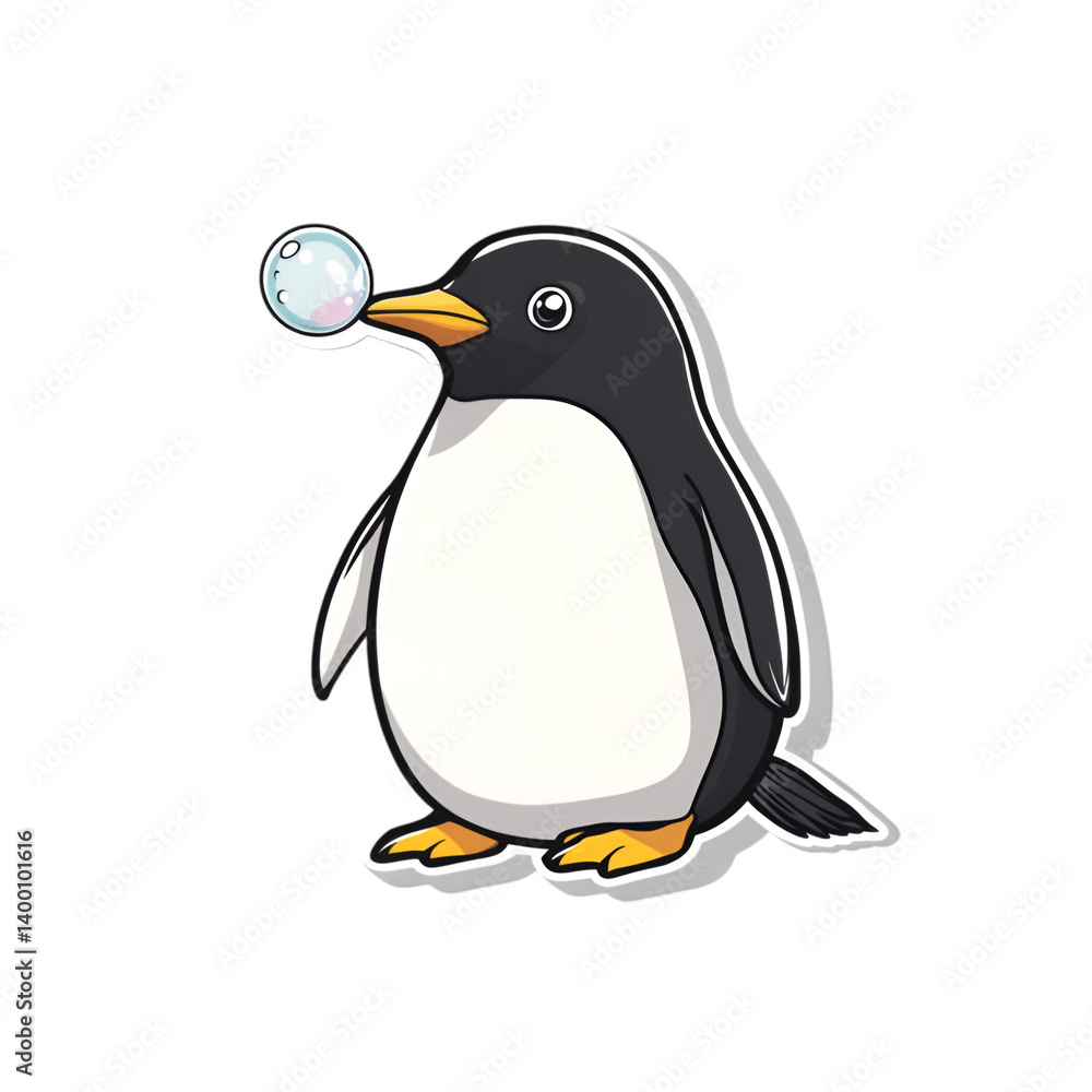 Obraz premium Playful penguin blowing bubbles ocean shore cartoon fun environment side view whimsical concept
