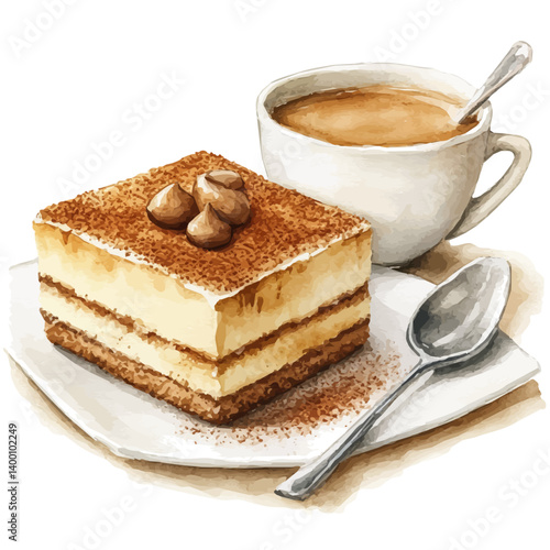 Tiramisu, watercolor vector, isolated on a white background.
