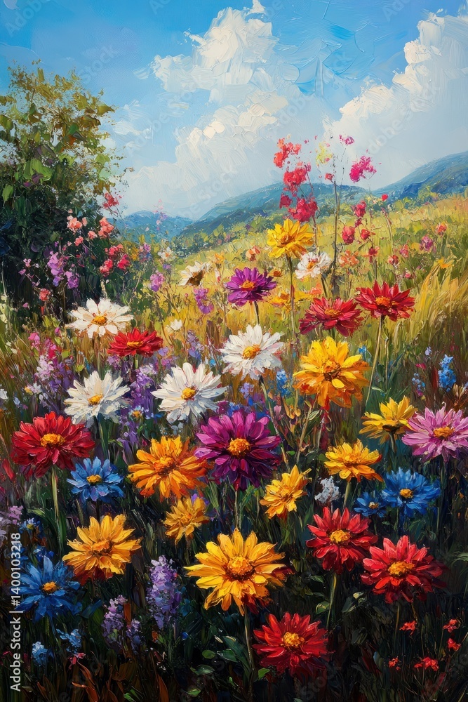 Obraz premium Vibrant Blooming Wildflowers in Full Sunlight Under a Blue Sky with Fluffy Clouds