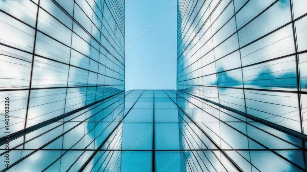 Modern Skyscraper Reflection with Blue Sky and Clouds in Urban Environment at Daytime Modern Skyscraper Reflection with Blue Sky and Clouds in Urban Environment at Daytime