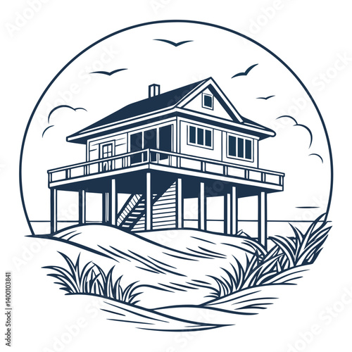 Elevated Beach House Vector Design on Stilts with Ocean View

