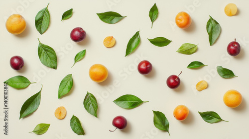 A vibrant flat lay showcasing ripe yellow and red plums arranged with fresh green leaves on a soft beige background creating a visually appealing and appetizing pattern perfect for