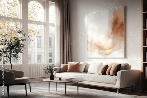 Cozy Living Room: Natural light floods a modern space with a neutral palette and soft, inviting textures.