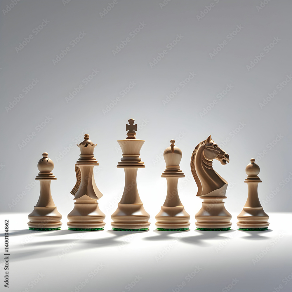 Elegantly Arranged Chess Pieces on White Background, Perfectly Lit and Organized Elegantly Arranged Chess Pieces on White Background, Perfectly Lit and Organized