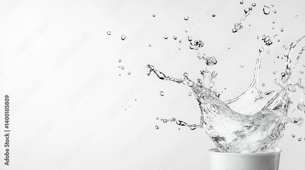 Dynamic water splashing from a cup white background high-quality image professional studio setting Dynamic water splashing from a cup white background high-quality image professional studio setting
