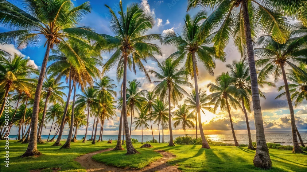 Tropical beach with coconut palm trees and ocean view Tropical beach with coconut palm trees and ocean view