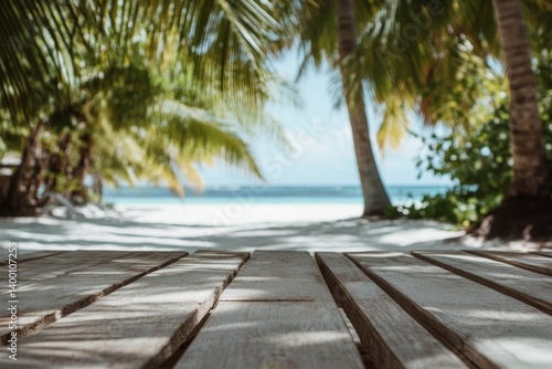 Tropical beach boardwalk scene.  Wooden planks leading to a pristine, sandy beach, with lush palm trees in the background and a tranquil ocean view