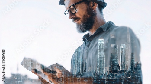 Successful Entrepreneur Using Digital Tablet in Modern City Landscape