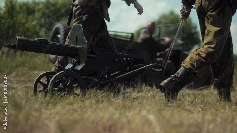 Soviet soldiers transport Maxim machine gun across field. 2 ...