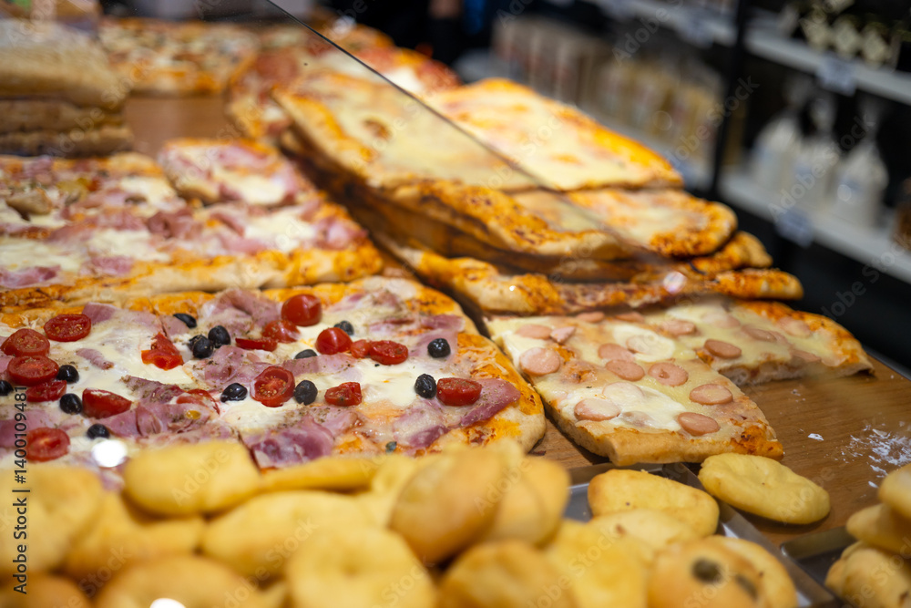 Authentic Italian pizza in a restaurant display window in Italy. Various pizzeria in glass window display.
