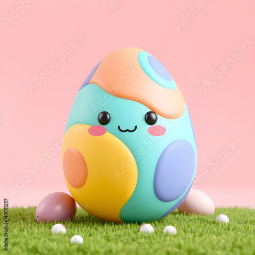 A colorfull easter egg illustration, characters depicted in a 3D cartoon style
