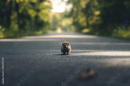 Tiny hedgehog walking across a quiet asphalt road