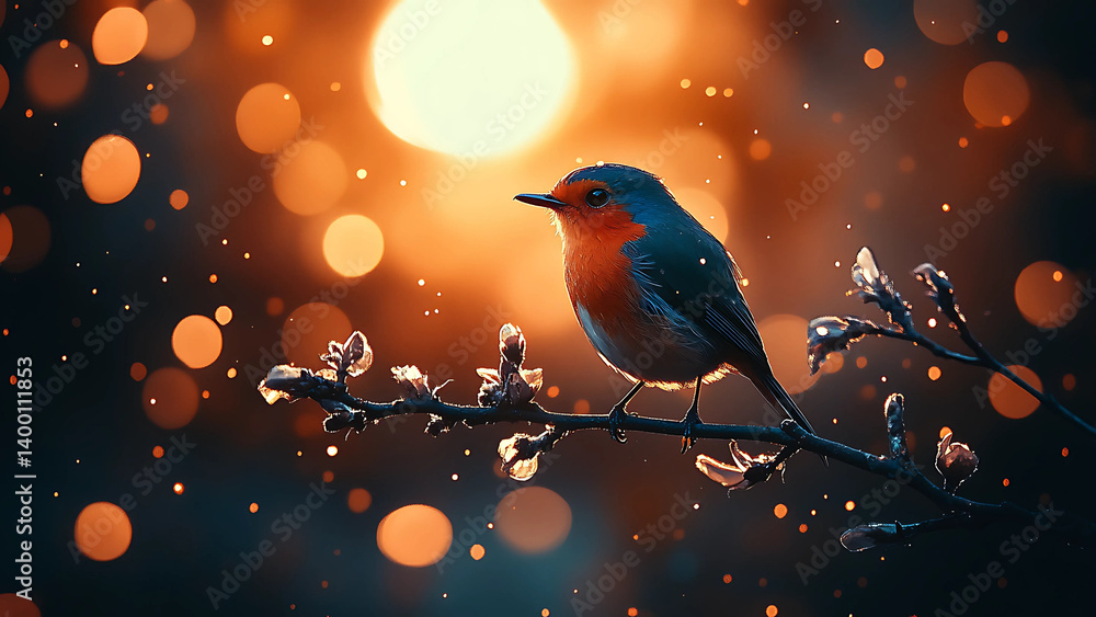 Colorful Bird Perched On Branch At Twilight With Glowing Bokeh Lights In Background And Magical Evening Atmosphere Colorful Bird Perched On Branch At Twilight With Glowing Bokeh Lights In Background And Magical Evening Atmosphere
