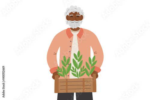 Gardening, spring and ecology concept. Senior farmer holding garden box with seedlings isolated on white. Vector flat clipart.