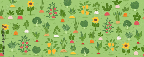 Gardening and farming concept seamless pattern. Nature background with different plants and vegetables on green surface. Regenerative farming concept. Vector flat banner.