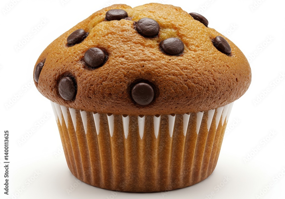 A chocolate chip muffin in a white paper cup on a white background in a studio shot close up view A chocolate chip muffin in a white paper cup on a white background in a studio shot close up view