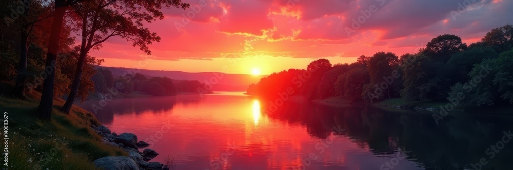 Fototapeta premium Crimson sun dips below Danube, illuminating riverside trees , tranquil, crimson