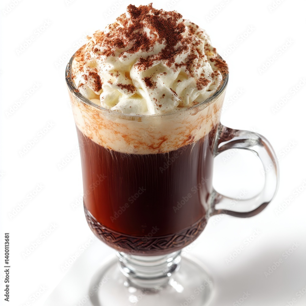 Glass mug with dark liquid and whipped topping with cocoa powder isolated on white background Glass mug with dark liquid and whipped topping with cocoa powder isolated on white background