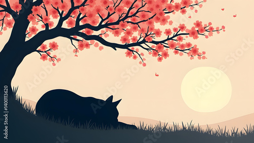 Sleeping cat under cherry blossom tree spring landscape art calm view