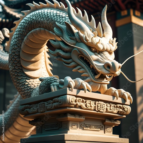 Detailed Wooden Dragon Sculpture Close-Up with Intricate Carvings and Rich Texture 