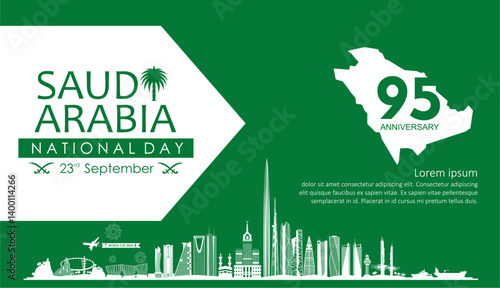 Elegant Saudi Arabia National Day 2025 banner with future skyline silhouette, fireworks, and 95 years anniversary design. Perfect for KSA national day 2025 celebration. 