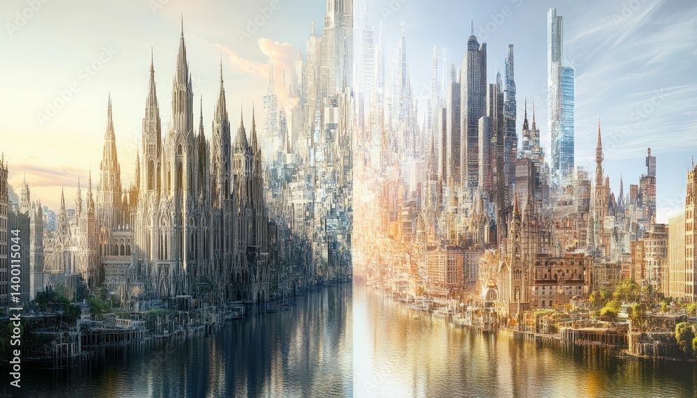 Fototapeta premium Dual Dimensions: A Cityscape Blend of Gothic Grandeur and Modern Metropolis