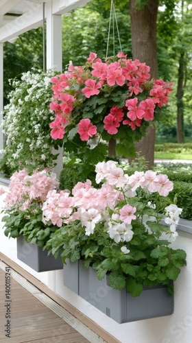 Wallpaper Mural Colorful floral display in a well-maintained garden with hanging and potted flowers during late spring sunshine Torontodigital.ca
