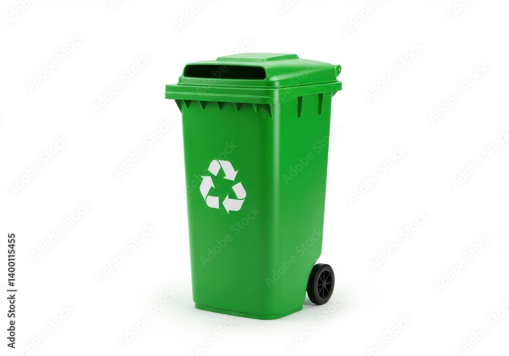 A green recycling bin with a white recycle symbol on a white background in a studio setting A green recycling bin with a white recycle symbol on a white background in a studio setting