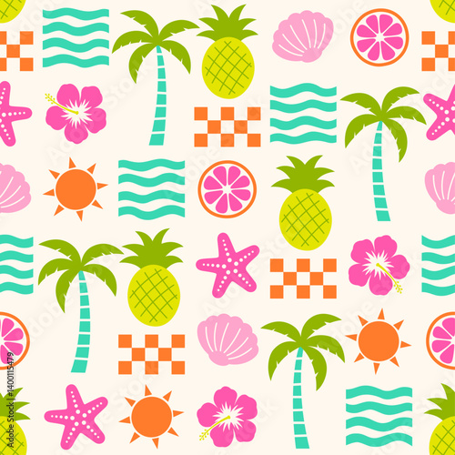 Colorful hibiscus, pineapple, palm tree, citrus fruit, starfish, sun, shell, wave with grid styled pattern design for summer holidays background.