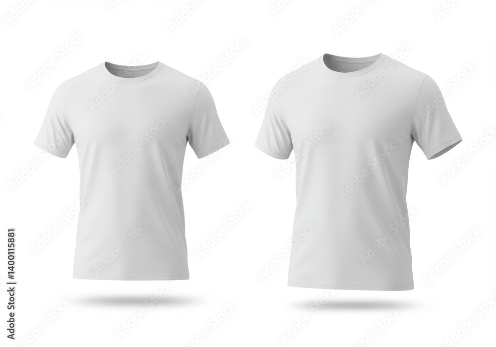 Naklejka premium Two plain white t shirts displayed side by side on a white background with soft shadows underneath them