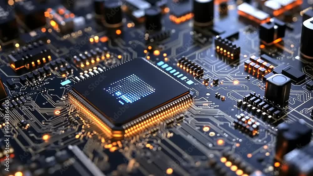 Close-up view of a modern microchip on a circuit board, showcasing intricate details and glowing elements Close-up view of a modern microchip on a circuit board, showcasing intricate details and glowing elements