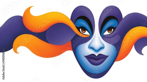 Abstract digital illustration of surreal humanoid mask with purple and orange curved face elements floating in isolated design concept with theatrical fantasy energy