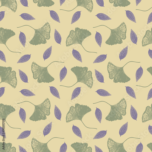 Фотография Seamless botanical pattern ginkgo leaves, plant leaves, in pastel green shades