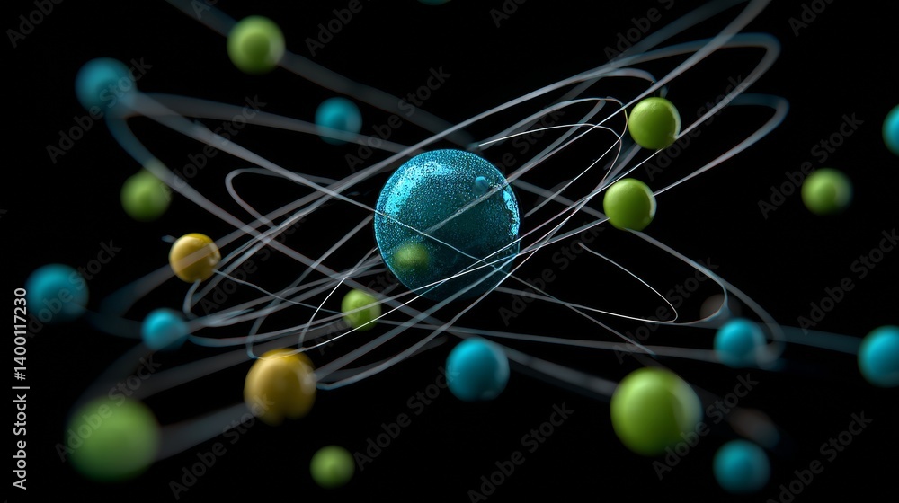 3D model of an atom with blue and green particles orbiting a central nucleus. 3D model of an atom with blue and green particles orbiting a central nucleus.