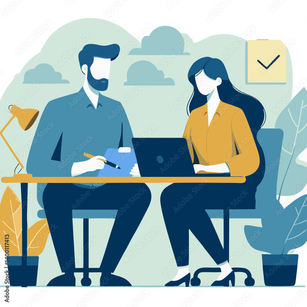 Flat-style vector of two people working together in a neat productivity workspace. Clean colors and shapes, perfect for team and office themes. Flat-style vector of two people working together in a neat productivity workspace. Clean colors and shapes, perfect for team and office themes.