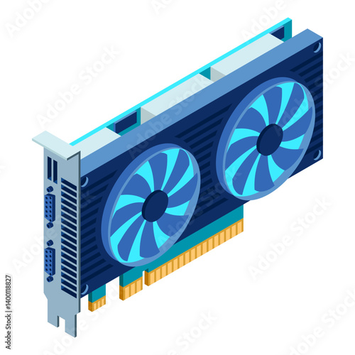 3d isometric video graphic card. Isometric of device graphic card. Personal computer hardware component. Isometric technology