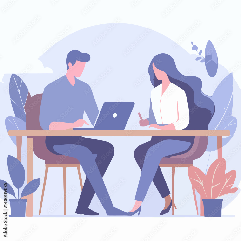Fototapeta premium Flat-style vector of two people working together in a neat productivity workspace. Clean colors and shapes, perfect for team and office themes.