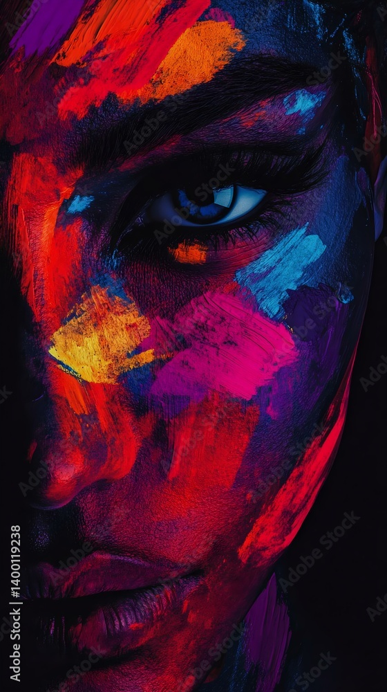 Fototapeta premium A striking close-up portrait of a woman's face adorned with vibrant, multicolored paint, showcasing artistic expression and beauty.