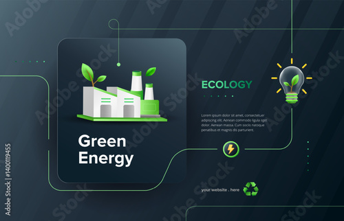 Minimalist 3D green energy concept for factory background. Sustainable innovation design template. Vector illustration.