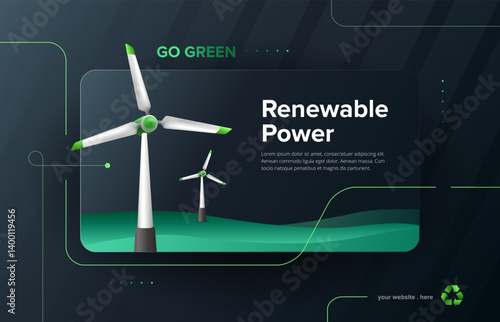 3D renewable power concept with turbine power background. Modern ecology Line art template. Vector illustration.