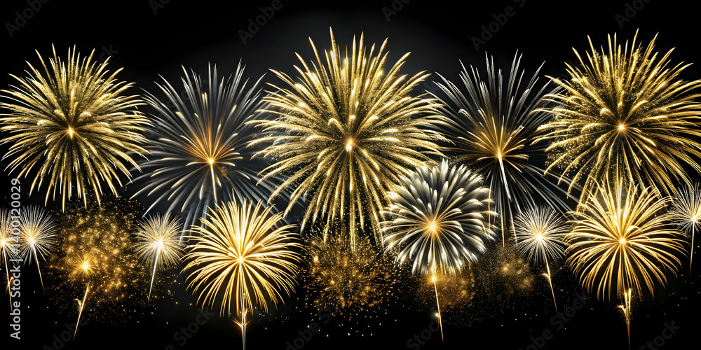 Minimalist gold and white fireworks on black background Minimalist gold and white fireworks on black background