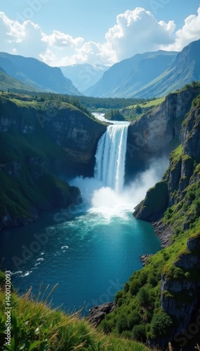 Steep cliffs, powerful falls plunging into a large lake , drone photography, outdoor, high