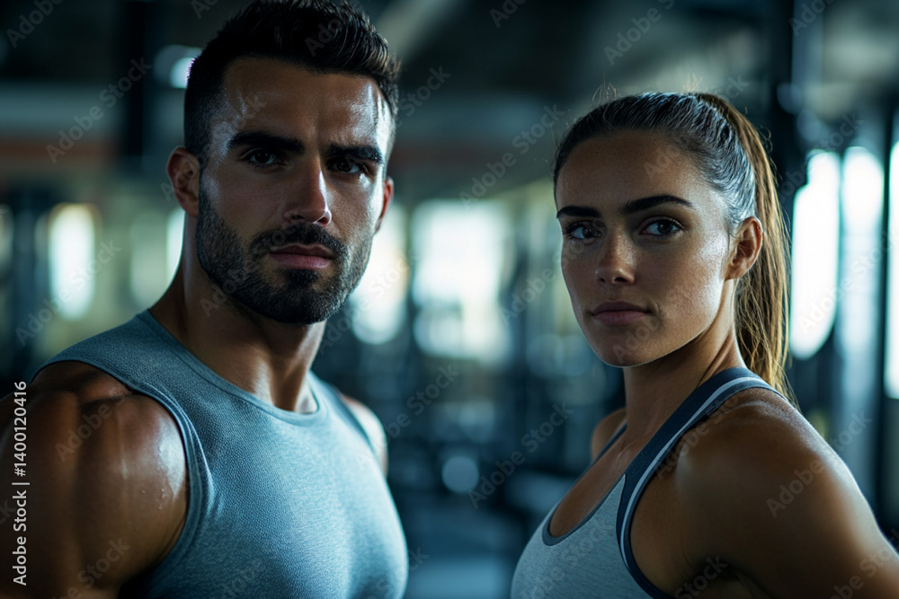 Portrait of a male athlete and a female athlete in a gym after a hard workout Portrait of a male athlete and a female athlete in a gym after a hard workout