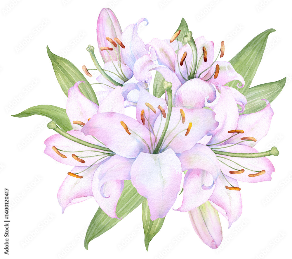 Obraz premium Bouquet white lilies, pink lilies, flowers and buds watercolor flower arrangement