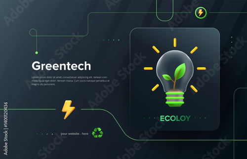 Line art style 3D green tech concept with eco lightbulb. Ecology design template. Vector illustration.