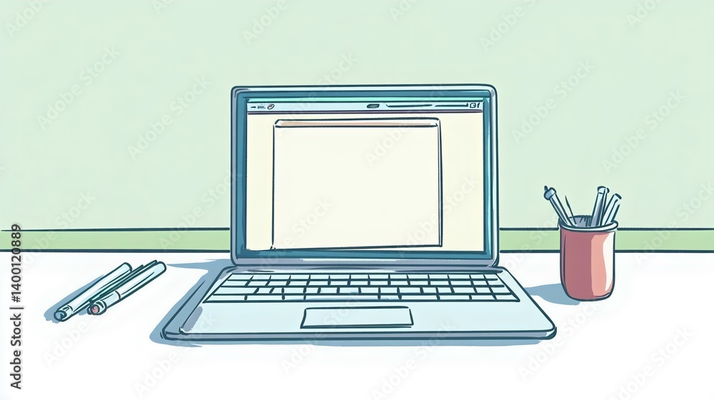 Fototapeta premium A minimalist workspace featuring a laptop with a blank screen, surrounded by pens and a pencil holder on a clean desk, inspiring creativity.