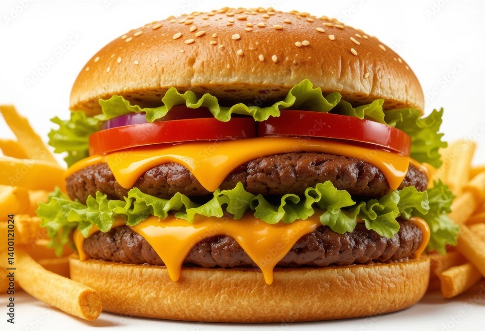 Classic cheeseburger with fries on white Classic cheeseburger with fries on white